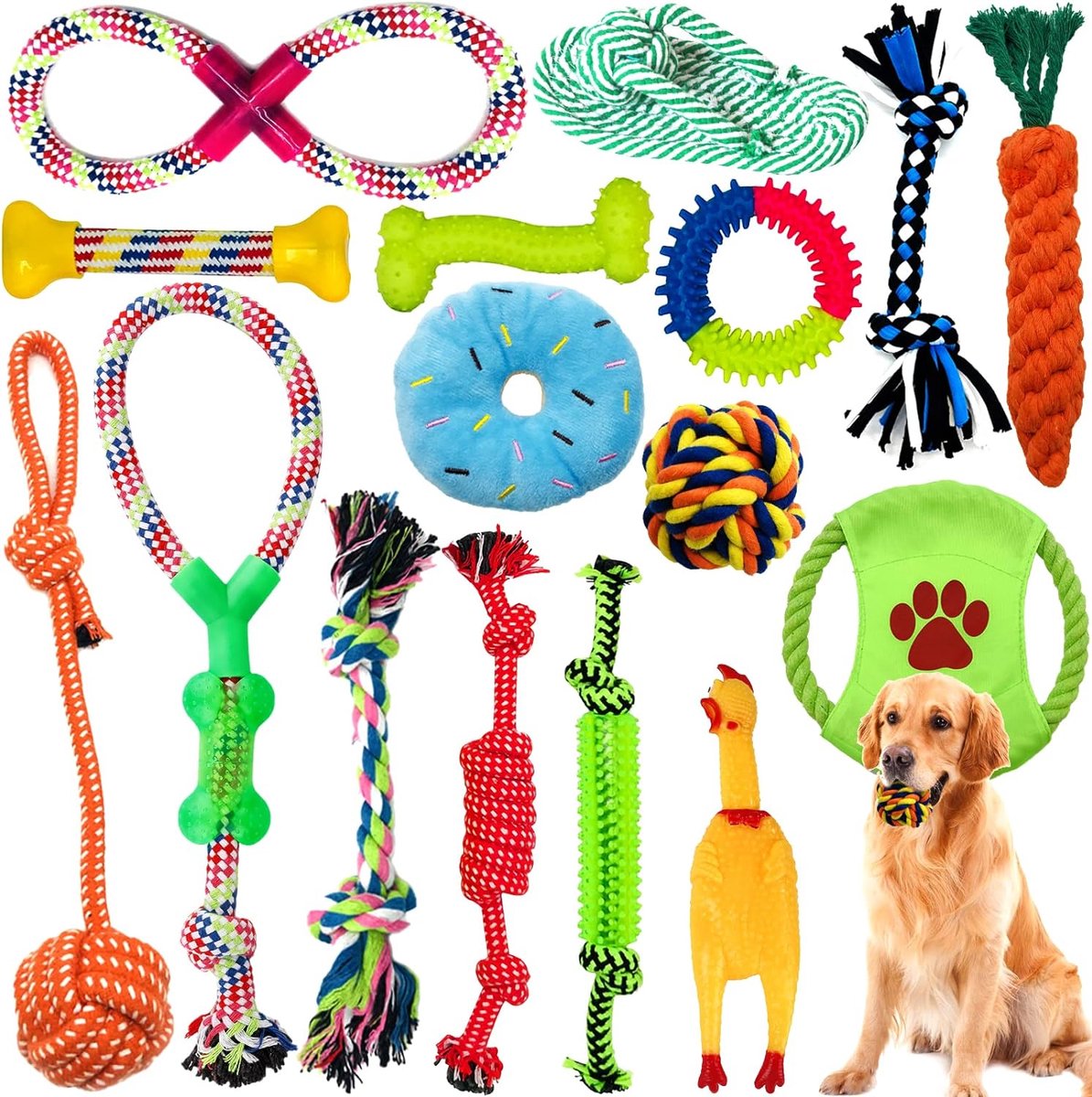 Honden Speelgoed Set van 16 voor Robuuste Tanden - Geschikt voor Kleine & Middelgrote Honden - Interactieve Hondenspeelgoed - Onverwoestbaar - Katoenen Kauwspeelgoed - Meerkleurig