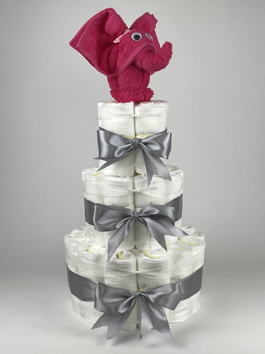 Chouette-Chouette | Luiertaart Meisje | Kraamcadeau | Geboorte Meisje | Babyshower | Olifant Fuchsia roze - Grijs