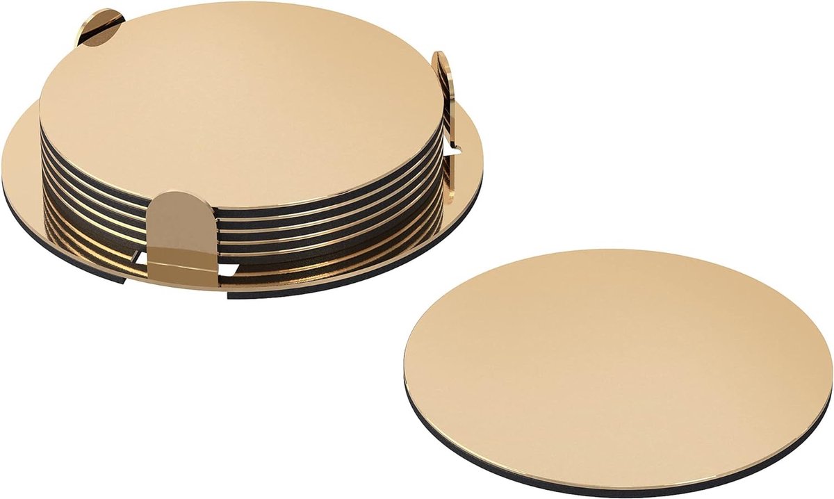 Gouden Onderzetters INCL houder - RVS + EVA - Diameter 8.5CM - Set van 6 - Geschikt voor glazen, bekers, kopjes etc.