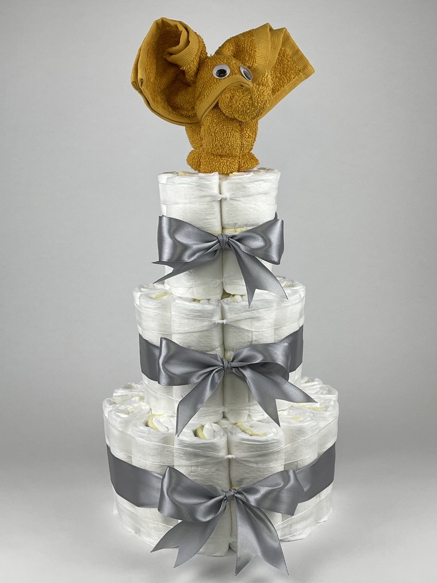 Goedkoopste Chouette-Chouette | Luiertaart Neutraal | Kraamcadeau | Geboorte Jongen Meisje | Babyshower | Olifant Oker - Grijs
