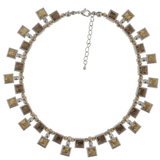 Behave Ketting - korte ketting - dames - zilver kleur - met stenen - bruin - 35 cm