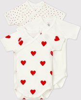 Petit Bateau Set van 3 katoenen body's met korte mouwen en hartje van katoen Unisex Rompertje - Rood - Maat 50