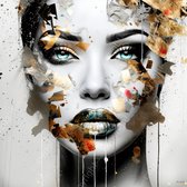JJ-Art (Canvas) 100x100 | Vrouw met goud in geschilderde stijl, grunge, kunst | abstract, mens, lippen, ogen, deels zwart wit, turquoise, modern | Foto-Schilderij canvas print (wanddecoratie)