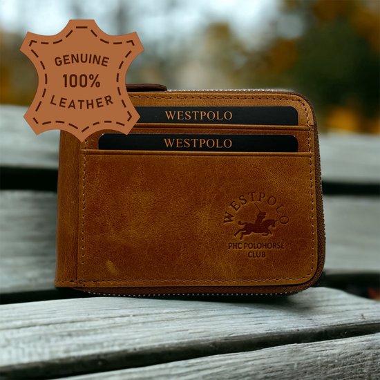 Westpolo leren pasjeshouder unisex - geschikt voor 8 pasjes & briefgeld - portemonnee - creditcardhouder - kaarthouder cognac - met luxe cadeaubox - 534C