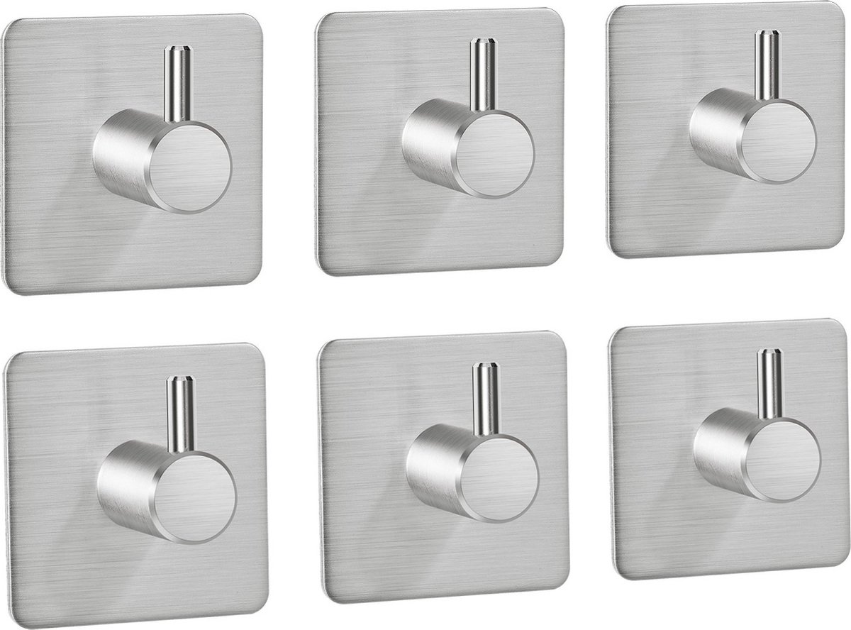 Keware® Ophanghaken - Handdoekhaakjes - Zelfklevend - Kapstok haken - RVS - Zilver - 6 Stuks