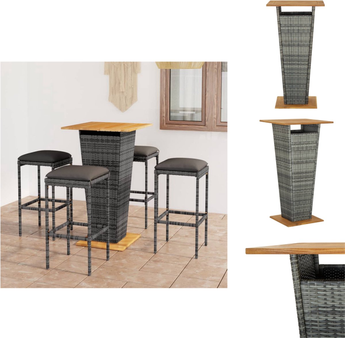 VidaXL Barset Grijs PE-rattan Tafel en 4 Krukken 60x60x110 cm Acaciahouten Tafelblad Tuinset