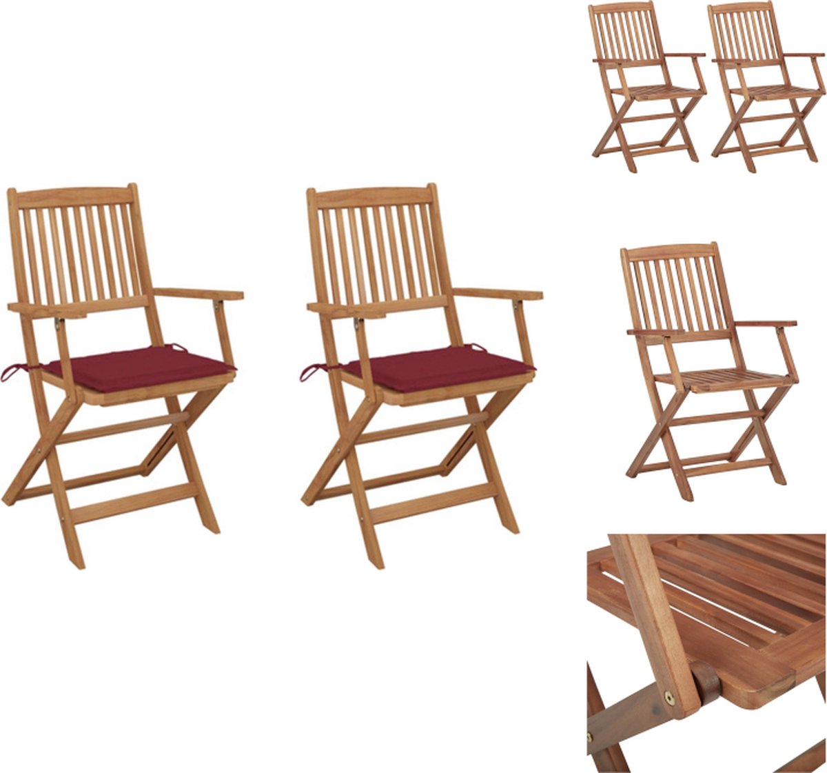VidaXL Inklapbare tuinstoelen Massief acaciahout Set van 2 Wijnrood kussen Tuinstoel