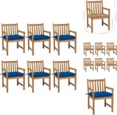 vidaXL Tuinstoelenset - Teakhout - 6 stoelen en kussens - 58x60x90cm - Blauw - Tuinstoel