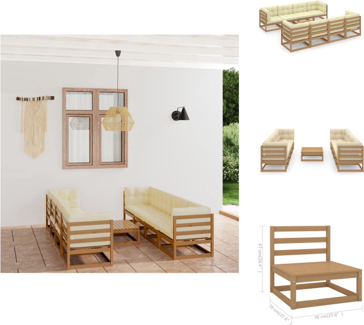 VidaXL Hoek Middenbank Massief Grenenhout 70 x 70 x 67 cm Honingbruin 100% polyester Tuinset