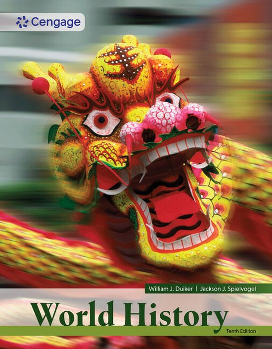 De cover van "World History, Tenth Edition" toont een kleurrijke drakenkop en de titel, met het Cengage-logo.