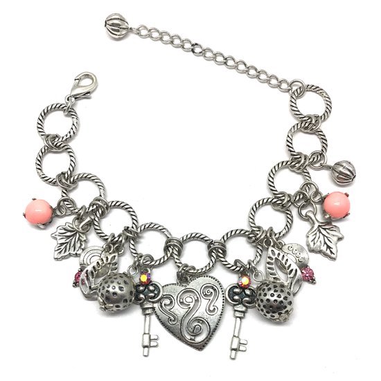 Bracelet Behave - couleur argent - détails roses - bracelet à breloques - coeur - clé - 18 cm