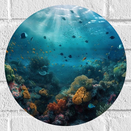 Muursticker Cirkel - Oceaan - Zee - Dieren - Vissen - Koraal - Kleuren - 30x30 cm Foto op Muursticker