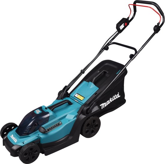 Turquoise Makita grasmaaier met zwarte grasopvangzak, schuine weergave.