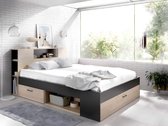 Bed met hoofdeinde met opbergruimte en lades - 160 x 200 cm - Kleur: naturel en antraciet + bedbodem + matras - LEANDRE L 228.5 cm x H 95 cm x D 169.5 cm
