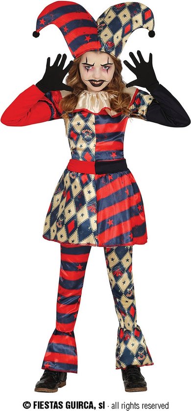 Guirca - Clown & Nar Kostuum - Niet Zo Grappige Scary Clown Nana - Meisje - Blauw, Rood, Wit / Beige - 5 - 6 jaar - Halloween - Verkleedkleding