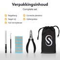 Complete set met nageltang, nagelvijl, vuil verwijderaar, correctie pleisters en opbergzakje.