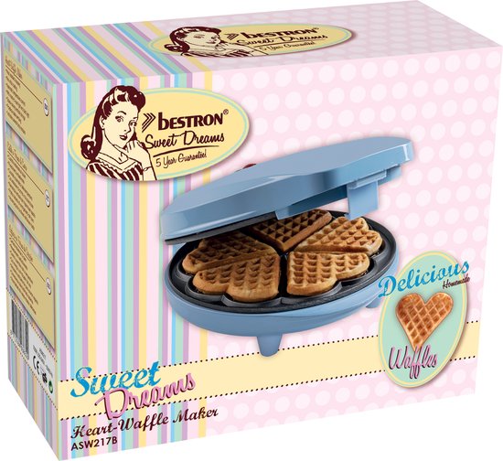 Verpakking van een blauw Bestron wafelijzer met hartvormige wafels en tekst 'Sweet Dreams Heart-Waffle Maker'.
