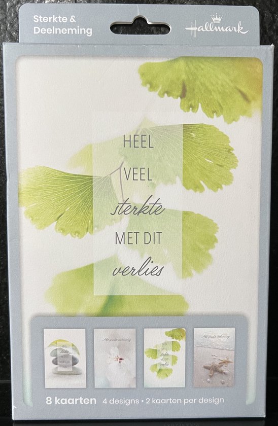 Hallmark verpakking "Sterkte & Deelneming". 8 kaarten, 4 designs: bladeren, bloem, stenen, zeesterren.