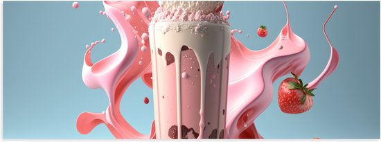 Poster Glanzend – Milkshake - Aardbei - Chocola - Slagroom - Rietje - 60x20 cm Foto op Posterpapier met Glanzende Afwerking
