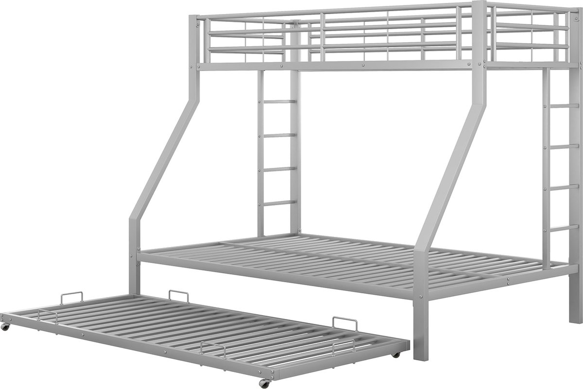 Stapelbed, metalen bed met uitschuifbaar bed, met ladder aan beide zijden voor kinderen, tieners, volwassenen, eenvoudig te monteren, 90(140)x200cm, zilver