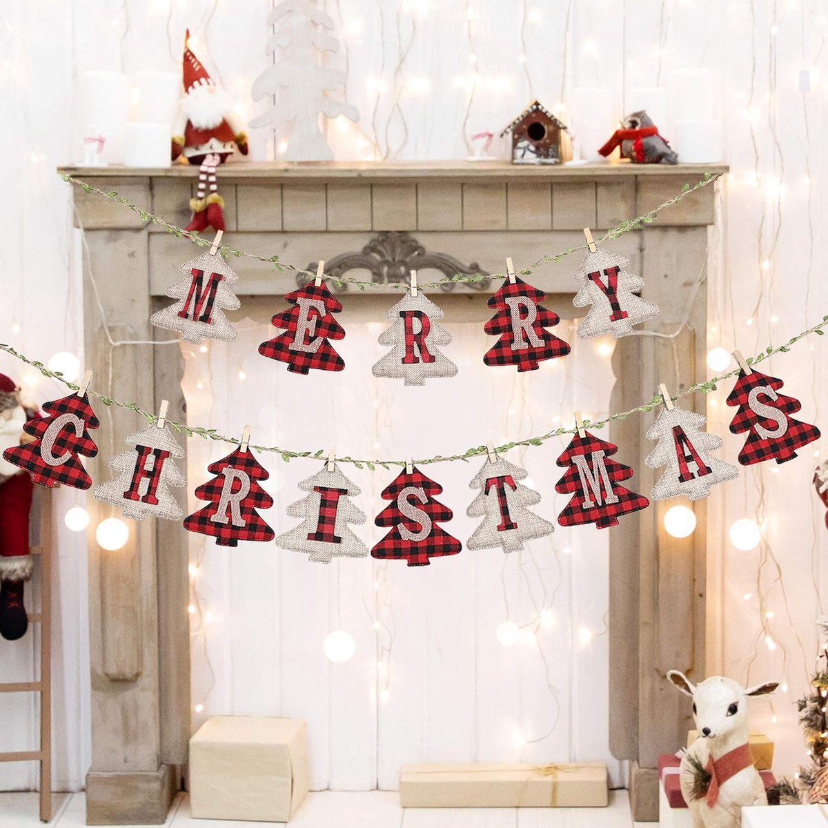 Banderole Merry Christmas, jute plaid in dennenvorm, kerstboom-slinger, decoratie voor open haard, ideaal voor kerstdecoratie