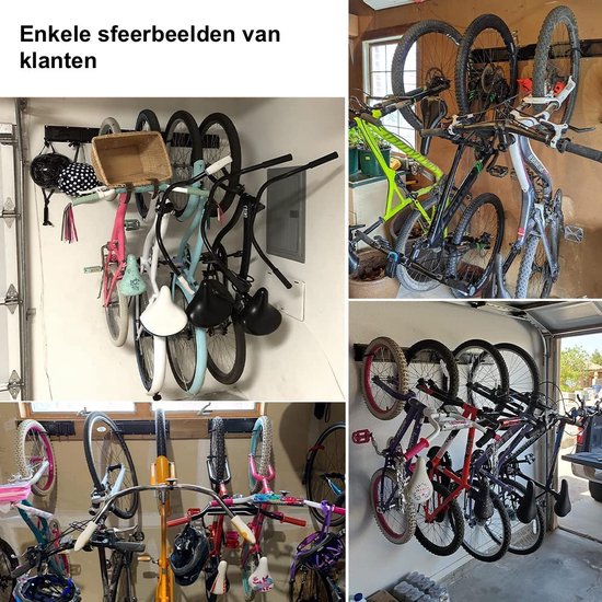 Veelzijdige opstellingen van fietsen en helmen aan zwarte muurbeugels in garages.