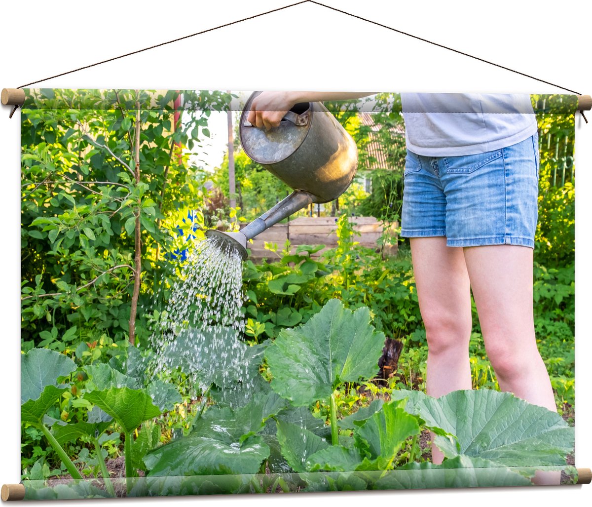 Textielposter - Tuin - Bloemen - Planten - Gieter - Water - Groen - 90x60 cm Foto op Texti