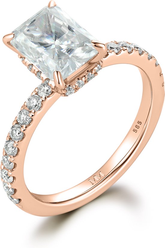 Astra - Ring en or rose 14 carats avec moissanite radieuse et pierres latérales pavées et halo caché - 2,7 carats.