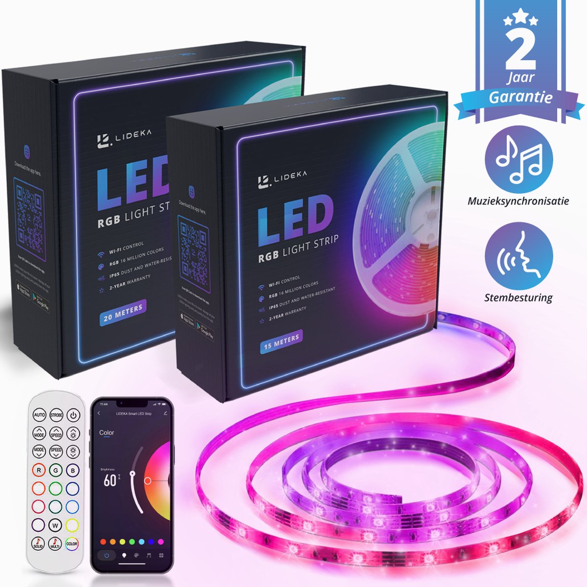 Lideka® - Decoratie Woonkamer - LED-strip Pakket Van 20 + 15 Meter - Met App En Afstandsbediening - Light Strips - Licht Strip - Led Verlichting