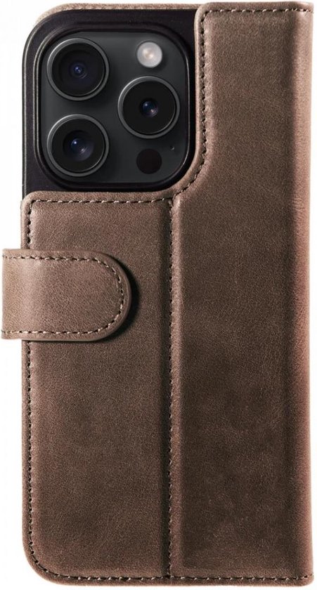 Bruine lederen book case voor iPhone 14 Pro met magnetische sluiting en camera-uitsparing.