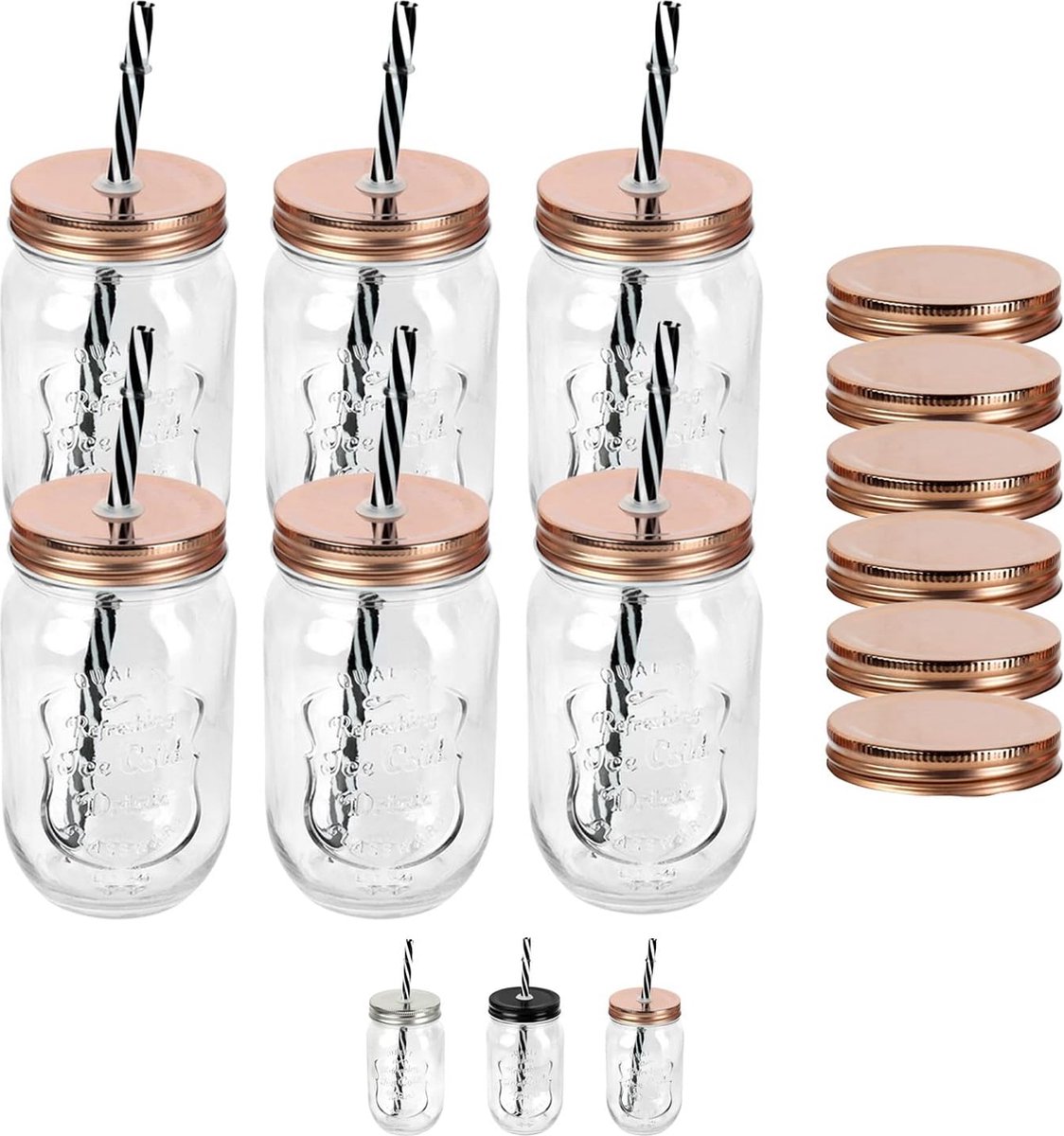 Image of 6 stuks drinkglazen, 500 ml, met rietje, herbrukbare glazen inmaakpotten met 12 deksels, verkrijgbaar in zilver, brons, zwart en wit bewaarglas, kleur: brons