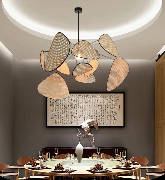 LuxiLamps - Lustre 9 bras - Grille de feuilles d'osier - Style chinois - Wit chaud - E27 - Lampe suspendue - Lampe de salon - Lampe moderne