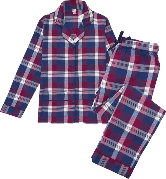 La-V Flanel pyjama set voor meisjes met geruit patroon Donkerblauw/Aubergine 164-170