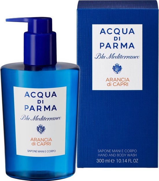 Acqua di Parma Blu Mediterraneo Arancia di Capri hand- en bodywash in een helderblauwe fles met een blauwe pompdispenser.