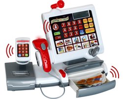 foto van Klein Toys elektronische kassa - touchpad, scanner, weegschaal en rekenmachinefunctie - 31x15,5x23 cm - incl. speelgeld, uitschuifbare geldla, licht- en geluidseffecten - grijs