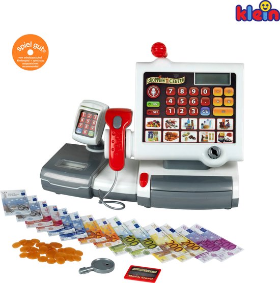 Klein Toys elektronische kassa - touchpad, scanner, weegschaal en rekenmachinefunctie - 31x15,5x23 cm - incl. speelgeld, uitschuifbare geldla, licht- en geluidseffecten - grijs - Klein