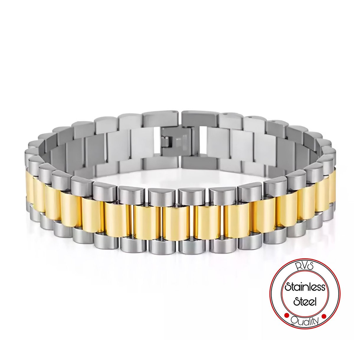 Presidente stijl armband | Horlogeband Stijl | Goud en zilver kleurig | Staal | Armband Mannen |15mm | Mannen Cadeautjes | Cadeau voor Man | Pin Remover | Vaderdag | Vaderdag Cadeau | Valentijn | Valentijnscadeau