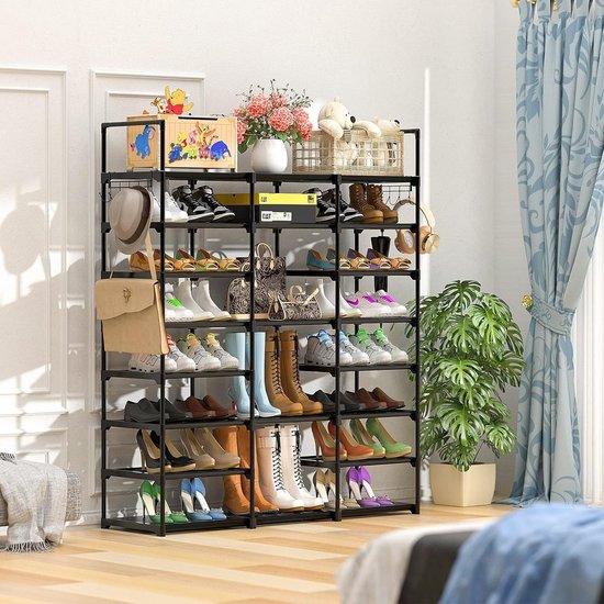 schoenenrek met 8 niveaus, 3 rijen metalen schoenenplanken, 40-50 paar schoenenopslag, schoenenkast voor woonkamer, kleedkamer en gang - Zwart
