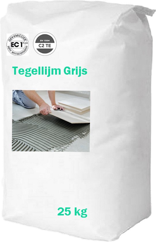 Zak Tegellijm Grijs, 25 kg. Bevat "Tegellijm Grijs" tekst. Beeld van iemand die tegels legt.