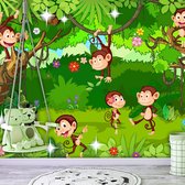 Fotobehangkoning - Behang - Vliesbehang - Fotobehang - Vrolijke Apen in de Jungle - Kinderbehang Monkey Tricks - 400 x 280 cm
