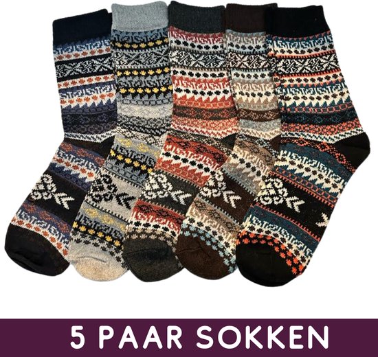 5 paires de chaussettes à motif nordique - taille 38-42 - Chaussettes hiver femme/homme - Chaussettes Vintage