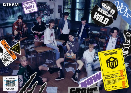 Groupe de neuf garçons dans une salle de classe, avec des autocollants d'avertissement comme 'Warning: Beware of Attack - Wolf'.