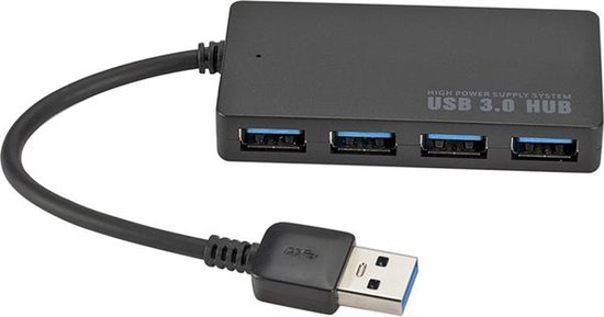 Hub USB 3.0 noir avec 4 ports et un câble noir. Texte : HIGH POWER SUPPLY SYSTEM USB 3.0 HUB.