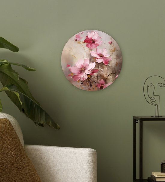 WallCircle - Wandcirkel bloemen olieverf 30x30 cm - Roze ronde schilderijen woonkamer - Wandbord kleurrijk rond - Muurdecoratie abstracte kunst - Kamer accessoires binnen - Roze decoratie - Wanddecoratie muurcirkel - Woonaccessoires