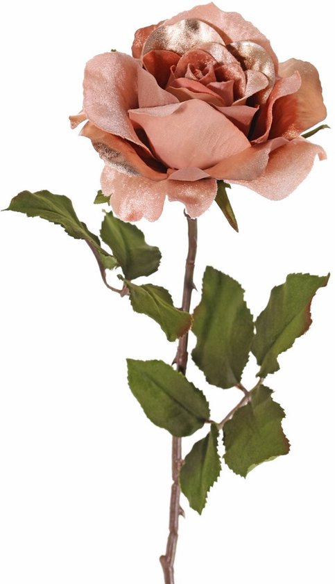 Top Art Kunstbloem roos Glamour - zalm met goudkleur - satijn - 61 cm - kunststof steel - decoratie bloemen