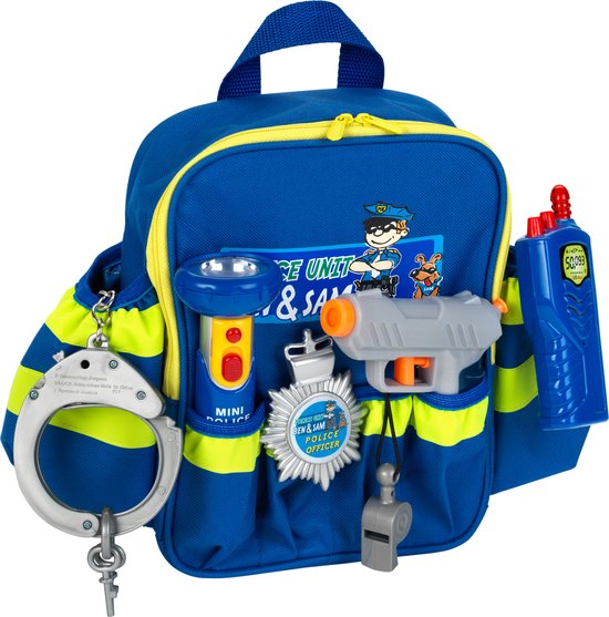 Foto: Klein toys politieagent rugzak 28x25x8 5 cm incl accessoires verstelbare riemen en een grote opening voor het makkelijk pakken en opbergen blauw geel