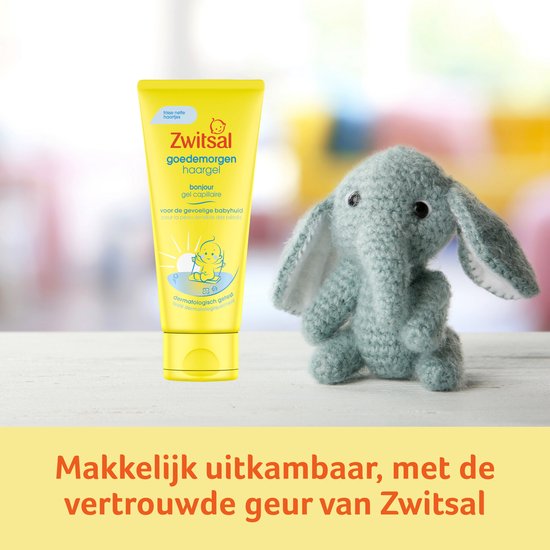 Zwitsal goedemorgen haargel in gele tube, met gehaakt olifantje. Makkelijk uitkambaar.