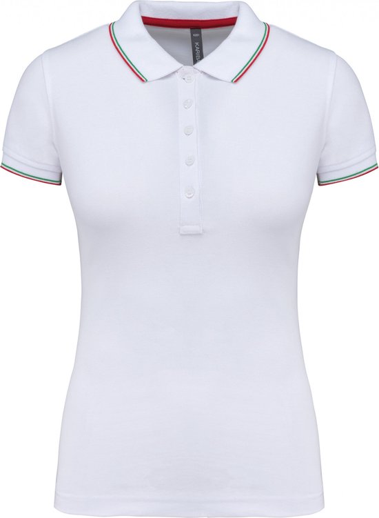 Witte damespoloshirt van Kariban met driekleurige (rood, wit, groen) bies op de kraag en mouwen.