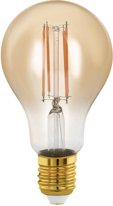 Ampoule ambrée de type poire avec culot doré et filaments LED apparents.