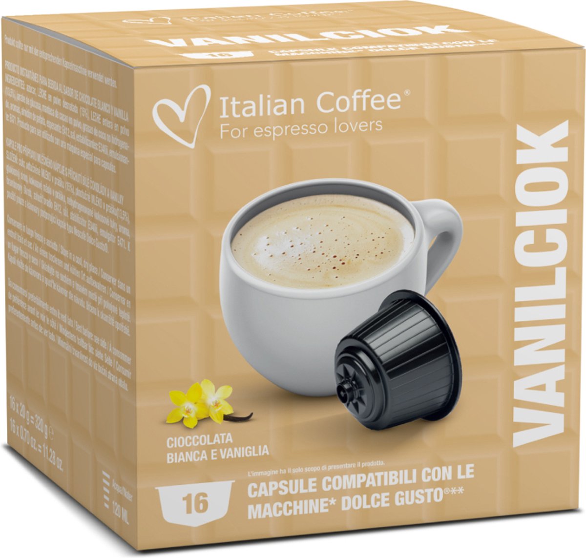 Goedkoopste Italian Coffee - Vanilciok Vanille en Witte chocolade - 16x stuks - Dolce Gusto compatibel